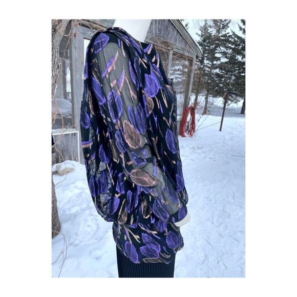 Vintage 80s Blouse Metallic Leaf Print Sheer Open Back Gathered Waist - Picture 11 of 12
